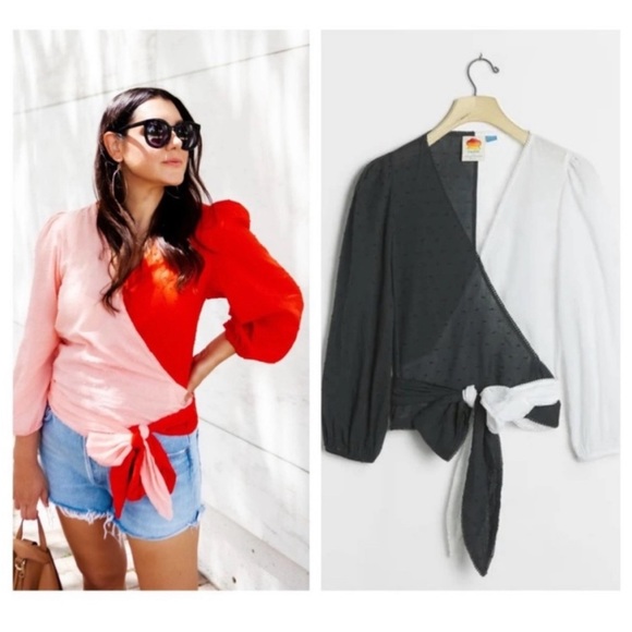 Farm Rio Anthropologie Colorblocked Wrap Blouse - BLACK & WHITE - small - Picture 2 of 5